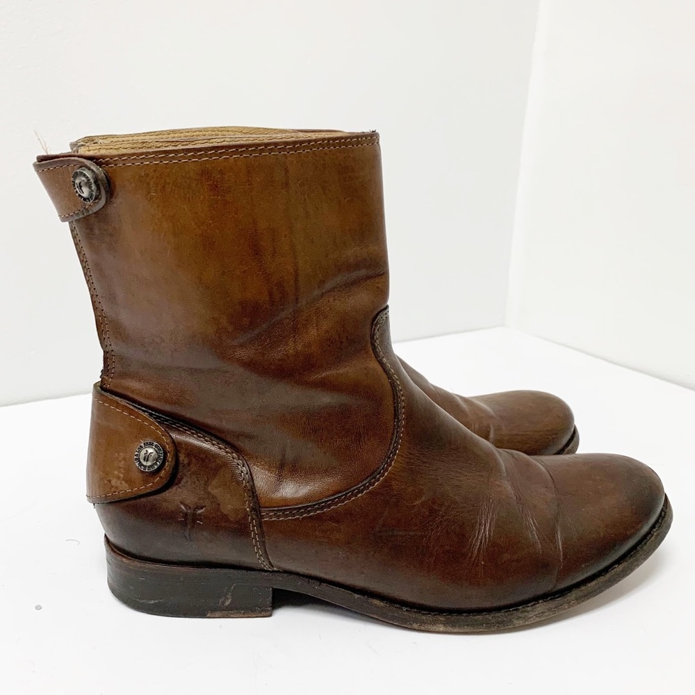 Frye Melissa button back zip short brown boots sz8 B